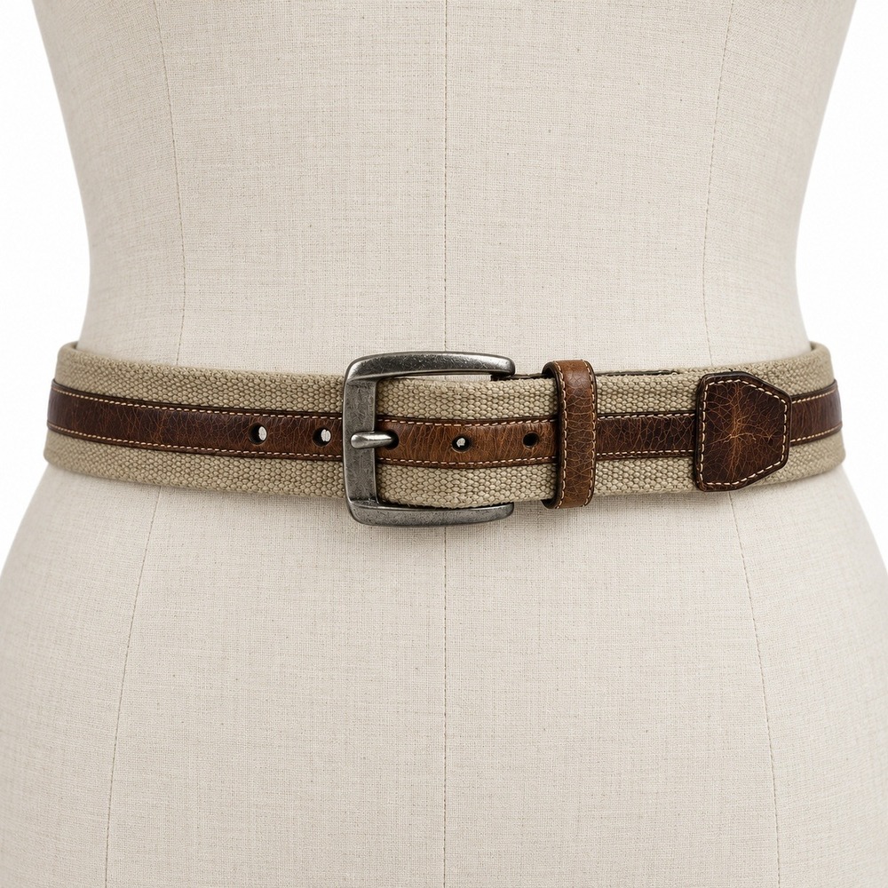 Tommy Bahama Cotton Leather Belt 42 Tan Brown Canvas Inlay Buckle 1102TM43 340